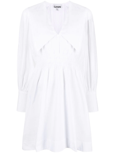 Ganni Shirred Organic Cotton-poplin Mini Dress In White