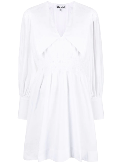 Ganni Shirred Organic Cotton-poplin Mini Dress In Bright White