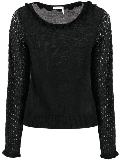 See By Chloé Scalloped Fine-knit Top In Black