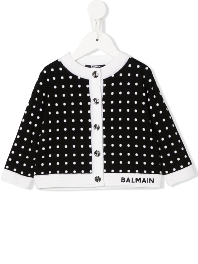 Balmain Black Cardigan For Baby Kids With Polka-dots In White