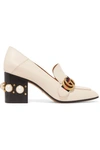 GUCCI LOGO AND FAUX PEARL-EMBELLISHED LEATHER COLLAPSIBLE-HEEL PUMPS