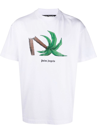 Palm Angels Broken Palm Print Cotton Jersey T-shirt In White Green