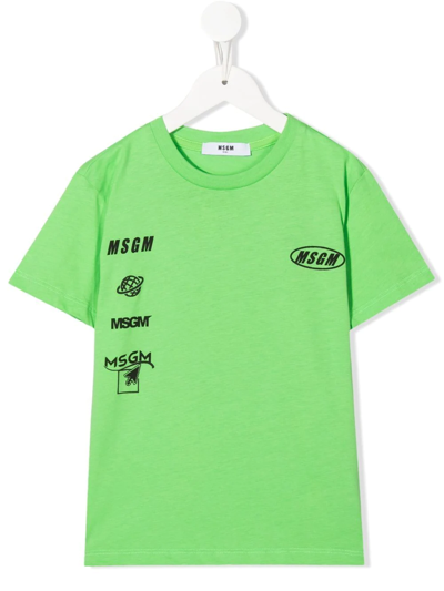 Msgm Kids' Multi-logo Cotton T-shirt In Green