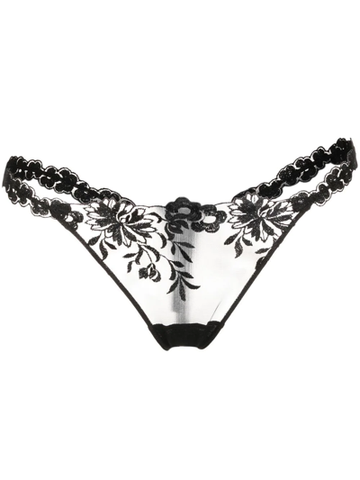 La Perla Loral-embroidered Lace Thong In Black