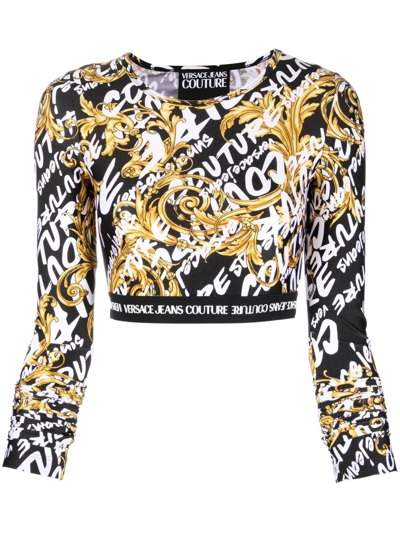 Versace Jeans Couture T Shirt Lycra Print Brush Couture Cropped Top In Black