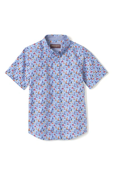 Johnston & Murphy Kids' Sailboat Print Short Sleeve Button-down Shirt In Blue