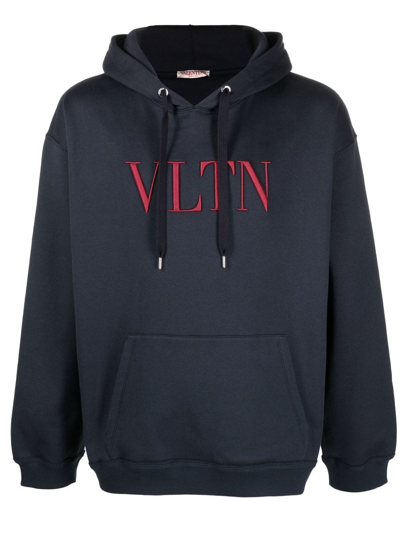 Valentino Vltn Embroidered Cotton Jersey Hoodie In Marine