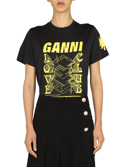 Ganni Logo Printed Cotton Jersey T-shirt In Black