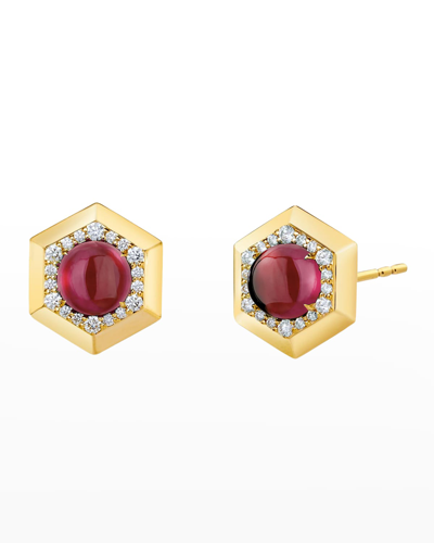 Syna Yellow Gold Hex Earrings With Rhodolite Garnet And Champagne Diamonds