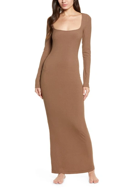 Skims Lounge Ribbed Long Sleeve Maxi Dress In Oxide