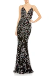 MAC DUGGAL SEQUIN FLORAL V-NECK TULLE SHEATH GOWN