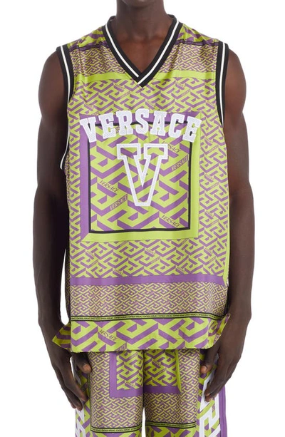 Versace First Line La Greca Silk Basketball Jersey In Citron Purple