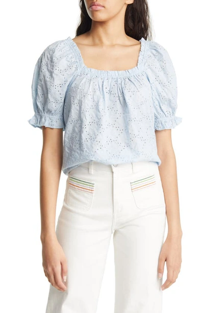 & Other Stories Puff Sleeve Cotton Eyelet Top In Light Blue Embroidery