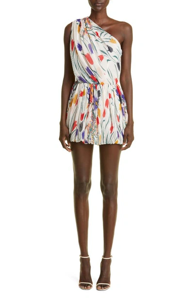 Saint Laurent Strapless Floral Pattern Pleated Mini Dress