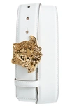 Versace Men's Medusa Buckle Leather Belt In Optical White