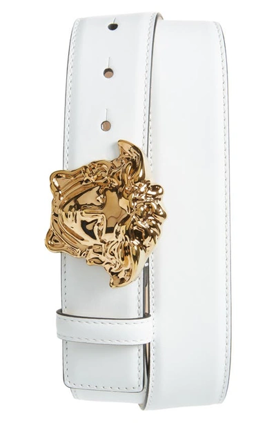 Versace Men's Medusa Buckle Leather Belt In Optical White/  Gold
