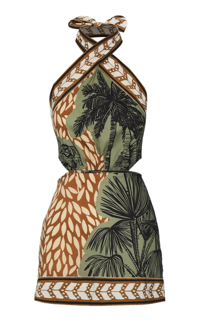 Johanna Ortiz Reminders Of Paradise Printed Cotton-poplin Halterneck Mini Dress In Toile Chocolate & Greenery