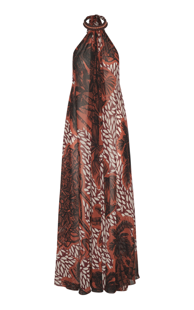 Johanna Ortiz Victoria Falls Printed Recycled Crepe De Chine Halterneck Maxi Dress In Black/ Red Plum/ Turquoise