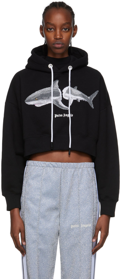 Palm Angels Cropped Shark Embroidered Hoodie In Black