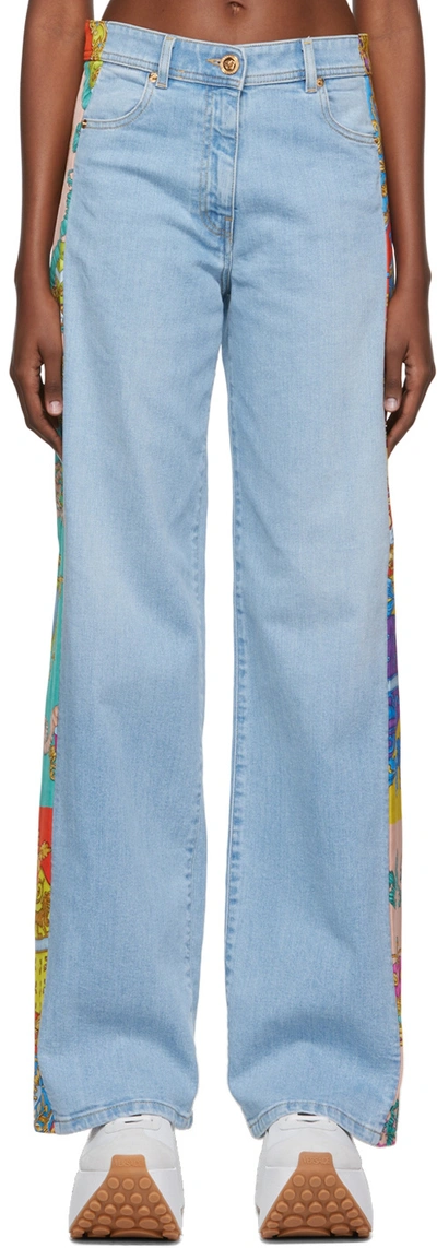 Versace Printed Twill-trimmed Low-rise Wide-leg Jeans In #add8e6