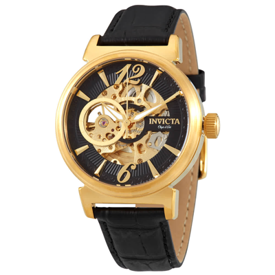 Invicta Objet D Art Automatic Black Dial Black Leather Mens Watch 30463 In Black,gold Tone,yellow