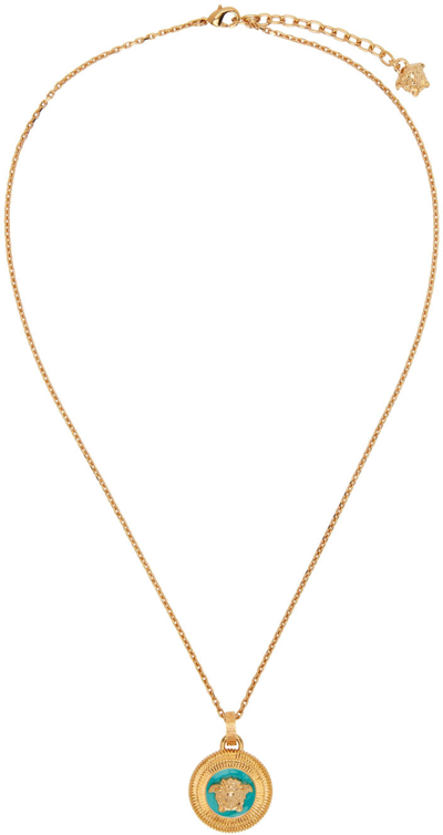 Versace Gold & Blue Medusa Biggie Necklace In 4j140 Turqu