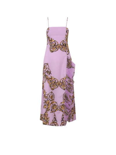 Versace Jeans Couture Regalia Baroque Printed Draped Dress In Purple