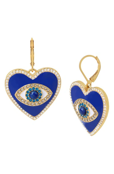 Kurt Geiger Evil Eye Heart Drop Earrings In Gold Tone In Blue/gold
