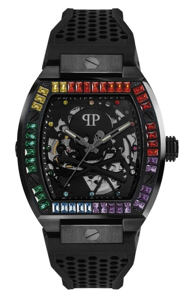Philipp Plein Men's Automatic The $keleton Rainbow Crystal And Black Silicone Strap Watch 44mm