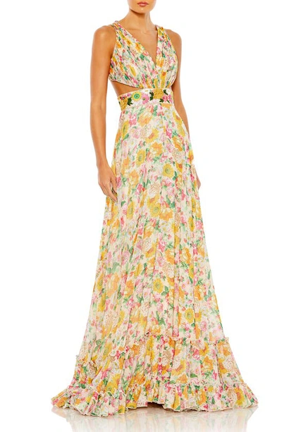 Mac Duggal Floral Print Cut Out Lace Up Tiered Gown In Nude Multi