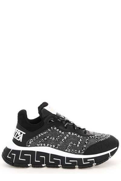 Versace Trigreca Sneakers With Crystals In Nero (black)