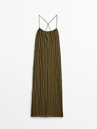 Massimo Dutti Long Pleated Dress In Khaki | ModeSens