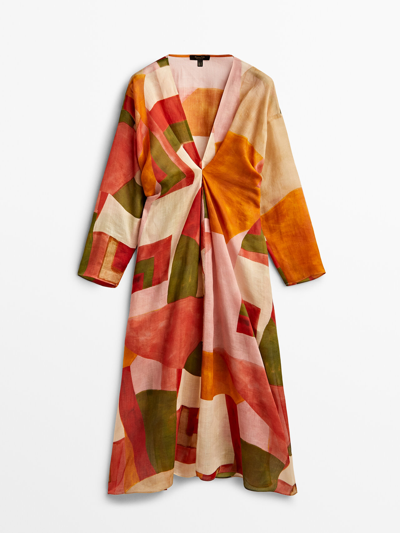 Massimo Dutti Long Multicoloured Ramie Mosaic Dress In