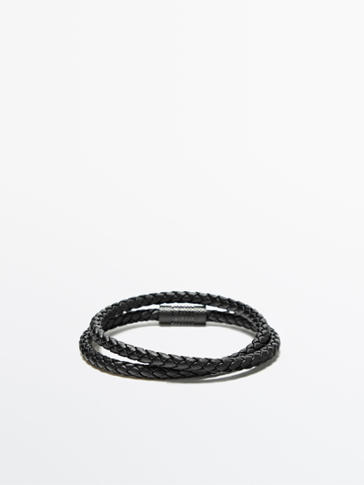 Massimo Dutti Double Plait Leather Bracelet In Black