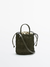 Massimo Dutti Woven Leather Bag + Linen Pouch Bag In Khaki