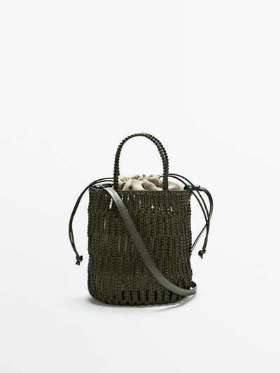 Massimo Dutti Woven Leather Bag + Linen Pouch Bag In Khaki