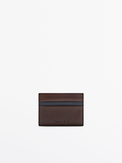 Massimo Dutti Tumbled Leather Contrast Card Holder In Brown