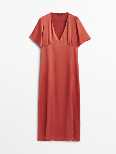 Massimo Dutti Long Satin Dress With Short Sleeves In Orange