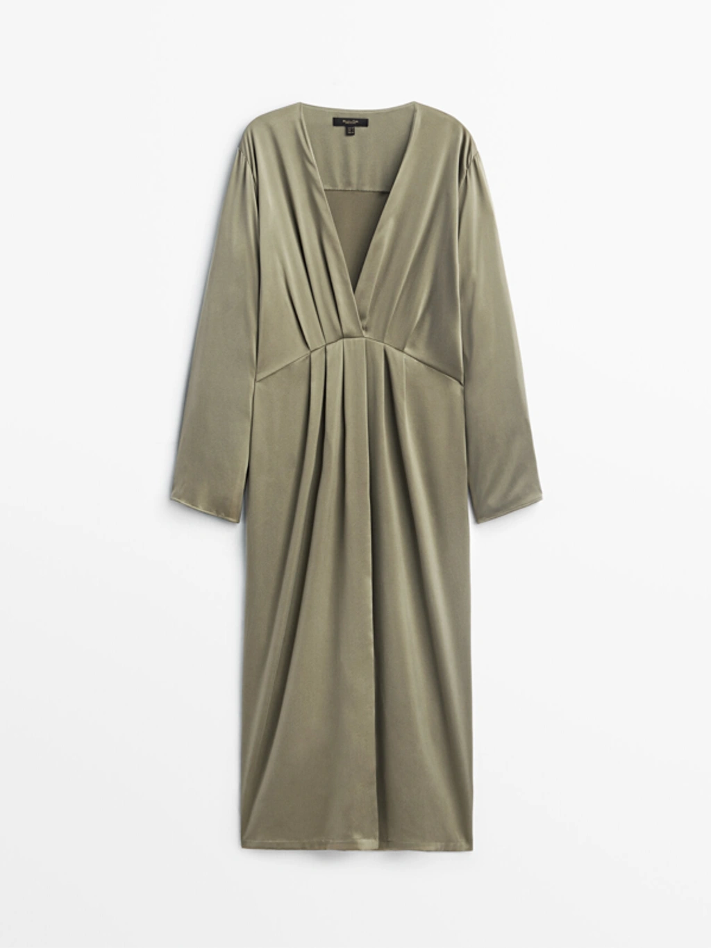 Massimo Dutti Long Silk Dress With Shirring Detail In Khaki | ModeSens