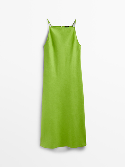 Massimo Dutti Long Linen Halter Dress In Khaki Green | ModeSens