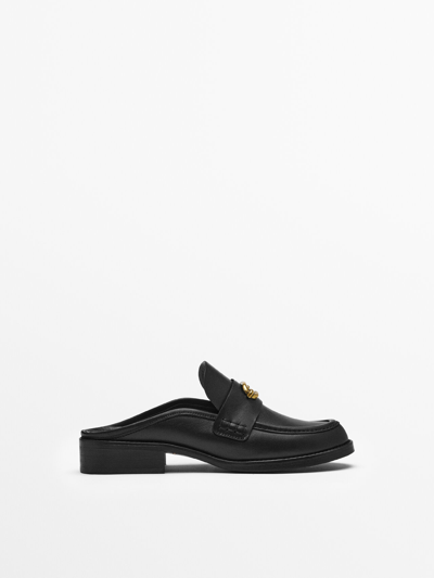 Massimo Dutti Leather Mule Loafers With Metal Appliqué In Black
