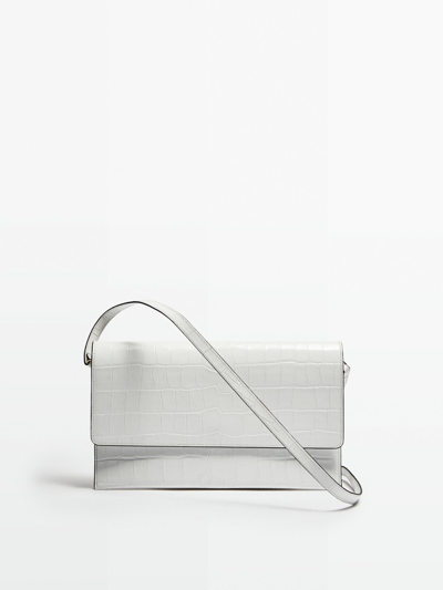 Massimo Dutti Leather Clutch Bag With Mock Croc Finish - Studio In White