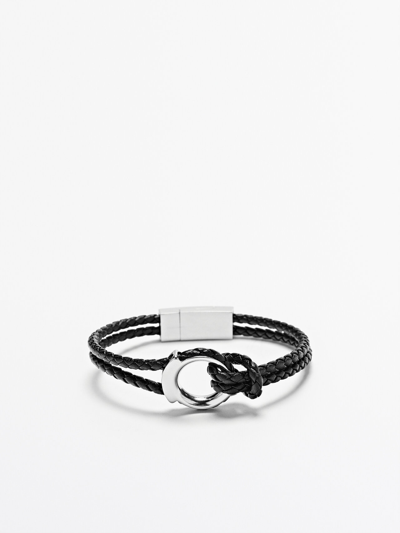 Massimo Dutti Plaited Leather Bracelet With Metal Detail In Black