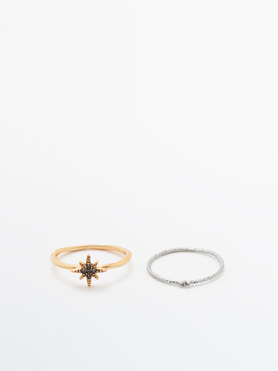 Massimo Dutti Pack Of Star And Rhinestone Rings In Golden
