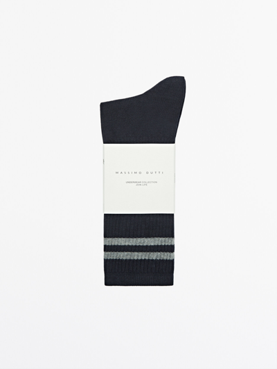 Massimo Dutti Ribbed Socks With Stripe Detail In Navy Blue