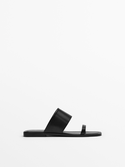 Massimo Dutti Flat Leather Wide-strap Sandals In Black