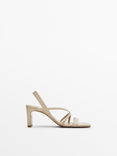 Massimo Dutti High-heel Leather Sandals With Square Toe In Cream