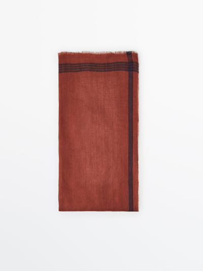 Massimo Dutti Linen Scarf With Striped Detail In Terra-cotta