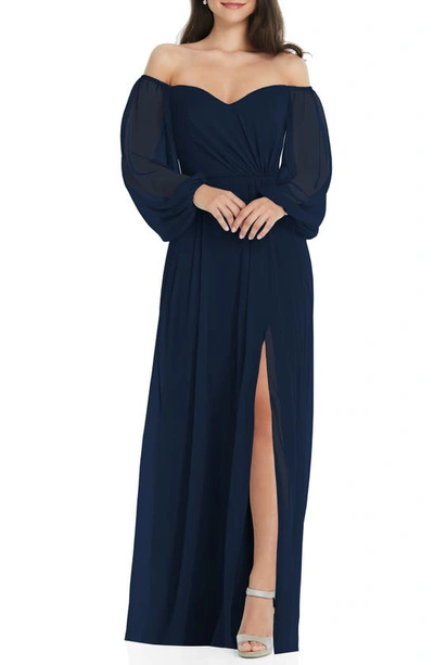 Dessy Collection Convertible Neck Long Sleeve Chiffon Gown In Midnight Navy