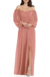 Dessy Collection Convertible Neck Long Sleeve Chiffon Gown In Desert Rose